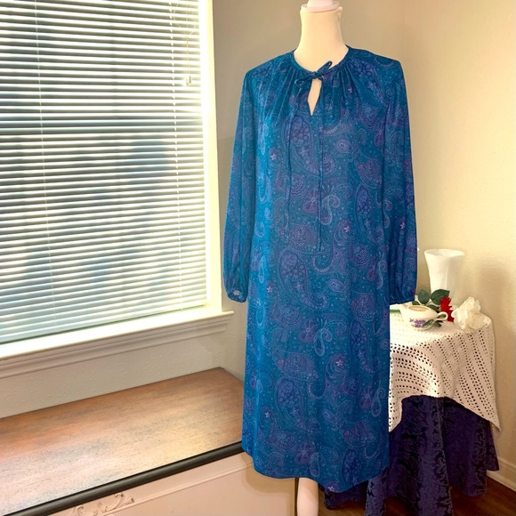 Vintage 70s Three R's Blue Polyester Paisley Dress - Picture 2 of 14